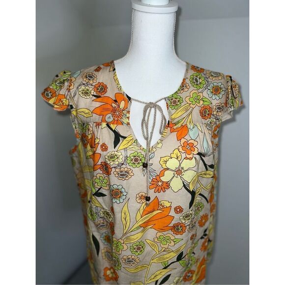 Women’s Linen Blend Floral Tie Front Blouse Top Large - Picture 1 of 9